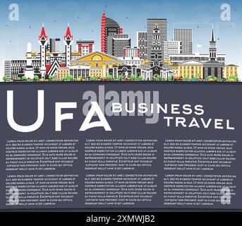 Skyline della città di Ufa Russia con edifici colorati, cielo blu e spazio per copie. Illustrazione vettoriale. Paesaggio urbano di Ufa con monumenti storici. Viaggi d'affari e turismo Illustrazione Vettoriale