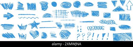 Matita con sottolineatura blu disegnata a mano varie ellissi, segni di punteggiatura, puntatori di direzione, frecce, stelle, punto interrogativo e punto esclamativo. Vettore Illustrazione Vettoriale