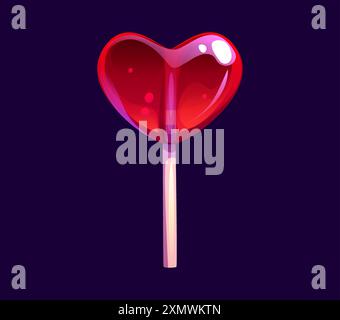 Cartoni animati valentine Red Heart Lollypop, caramelle dolci e dolciumi. Lecca lecca lucida vettoriale isolata su un bastoncino, con superficie lucida. Cibo zuccherino, des Illustrazione Vettoriale