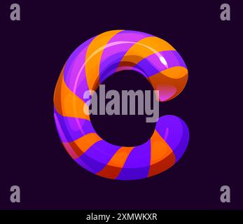 Font Letter C Halloween, cartoni animati malvagi, divertente carattere spaventoso, lettera alfabetica spettrale con vivaci strisce viola e arancio di canna da zucchero. Vec. Isolata Illustrazione Vettoriale