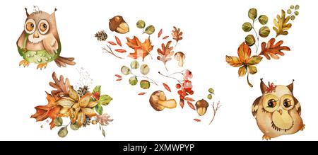 Impostare Ciao autunno. Gufi carini, fiori, funghi, granturco, bacche, rametti, foglie. Illustrazione acquerello. Elementi di design per schede, adesivi, Invitati Foto Stock