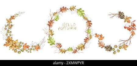 Set ghirlande Ciao Autunno. Fiori, funghi, bacche, Twig, foglie. Illustrazione acquerello. Elementi di progettazione per carte, adesivi, inviti, Logo Foto Stock