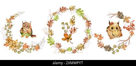Set ghirlande Ciao Autunno. Gufi carini, fiori, funghi, bacche, Twig, foglie. Illustrazione acquerello. Elementi di progettazione per schede, adesivi, Invitat Foto Stock