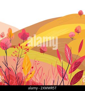 Una serie di poster verticali con cartoline autunnali. Colline paesaggistiche. Bella casa. Invito alla vendita. Copertina di riviste e libri. Illustrazione Vettoriale