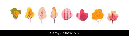 Set autunnale di alberi colorati. Piante folcloristiche rosa e rossa. Corone arancioni e gialle su sfondo bianco. Disegnato a mano. Vettore piatto isolato Illustrazione Vettoriale