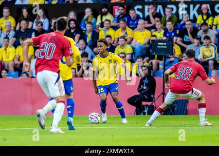 Brondby, Danimarca. 29 luglio 2024. Noah Nartey (35) di Broendby SE visto durante il 3F Superliga match tra Broendby IF e Vejle BK al Brondby Stadion. Credito: Gonzales Photo/Alamy Live News Foto Stock