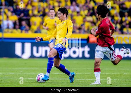 Brondby, Danimarca. 29 luglio 2024. Yuito Suzuki (28) di Broendby SE visto durante il 3F Superliga match tra Broendby IF e Vejle BK al Brondby Stadion. Credito: Gonzales Photo/Alamy Live News Foto Stock