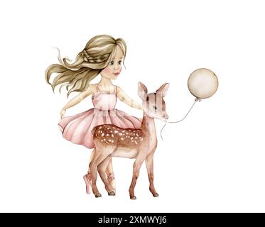 Acquerello ragazza e cervo con palloncino su sfondo isolato. Illustrazione disegnata a mano per biglietti d'auguri con animale e ballerina in rosa Foto Stock