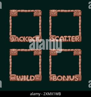 Cornici di gioco in cartone Maya o Aztec per icone slot. Frame jackpot, bonus, Wild e Scatter. Oggetti UI Illustrazione Vettoriale