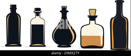 Collezione di illustrazioni di bottiglie d'epoca colorate Illustrazione Vettoriale