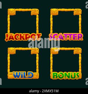 Cornici di gioco in cartone Golden Maya o Aztec per icone slot. Frame jackpot, bonus, Wild e Scatter. Oggetti UI Illustrazione Vettoriale
