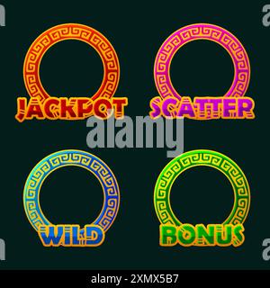 Golden Maya o Aztec girano cornici di gioco per le slot Jackpot, Bonus, Wild e Scatter. Oggetti UI Illustrazione Vettoriale
