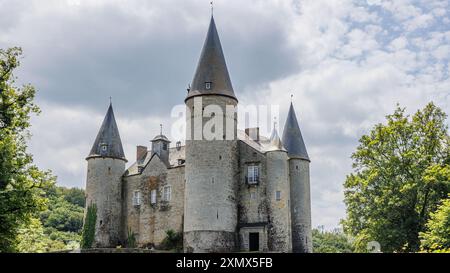 Castello di Veves con mura in pietra con le sue torri con tetti conici, circondato da verdi alberi frondosi, cielo grigio tempestoso sullo sfondo, giorno di sole a Houyet, Foto Stock