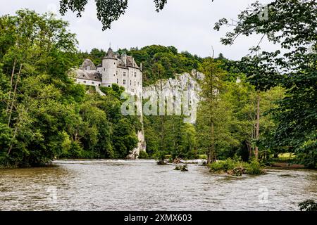 Il fiume Lesse e il castello di Walzin su una collina rocciosa che sporge da lussureggianti alberi verdi sullo sfondo, muri e torri in pietra, ruscello d'acqua traboccante, soleggiato Foto Stock