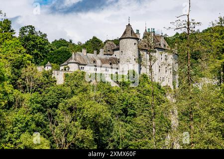 Castello medievale di Walzin su una collina rocciosa che sporge da lussureggianti alberi verdi, stile gotico, mura di pietra e torri, visto da una prospettiva bassa, soleggiato Foto Stock