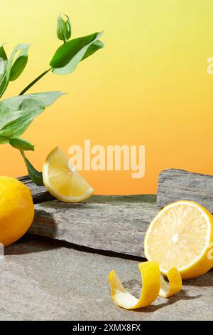 Il piedistallo di roccia decorato da limone giallo su fondo giallo con effetto gradiente, spazio vuoto al centro per presentare il prodotto di natura Foto Stock