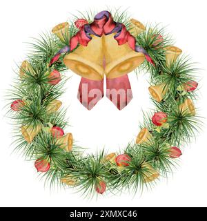 Pino, abete, rami di abete rosso, campana dorata con arco a nastro. Illustrazione disegnata a mano in acquerello, telaio a corona isolato su bianco. Natale, felice nuovo Foto Stock