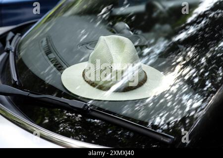 cappello seduto sul cruscotto dell'auto parcheggiata Foto Stock