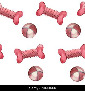 Motivo ad acquerello senza cuciture. Giocattoli per cani e gatti. Sfera e osso di gomma rosa, dipinta a mano con acquerello. Adatto per la stampa su tessuto. Foto Stock