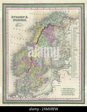 Mappa scandinava d'epoca. Svezia e Norvegia. S. A. Mitchell 1850 mappa della Scandinavia, tra cui Svezia, Norvegia, Danimarca e Finlandia. Foto Stock