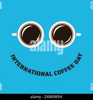 Giornata internazionale del caffè. Tazze da caffè con il viso sorridente. Isolato in blu. Illustrazione Vettoriale