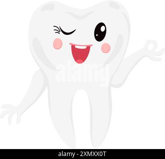 Un allegro bambino di denti kawaii avvolgenti isolato su sfondo bianco. Divertente carattere dentale per l'odontoiatria dei bambini. Illustrazione Vettoriale