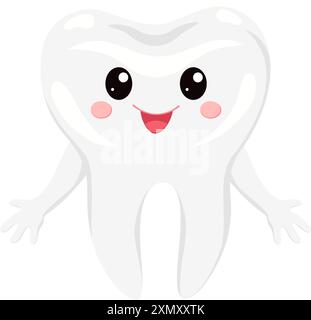 Un simpatico bimbo di denti kawaii isolato su sfondo bianco. Divertente carattere dentale per l'odontoiatria dei bambini. Illustrazione Vettoriale