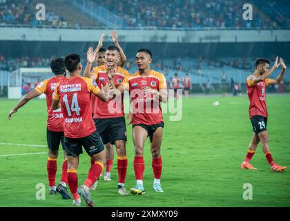 Kolkata, India. 30 luglio 2024. La squadra di calcio dell'Emami East Bengal vanta una comoda vittoria sulla squadra di calcio dell'Indian Air Force nella 133a IndianOil Durand Cup (incontro del gruppo A) con un margine di 3-1 allo stadio VYBK. David Lalhlansanga, Dimitrios Diamantakos e Saul Crespo hanno segnato per l'EastBengal, mentre Somananda Singh ha segnato per l'Airforce. (Foto di Amlan Biswas/Pacific Press/Sipa USA) credito: SIPA USA/Alamy Live News Foto Stock