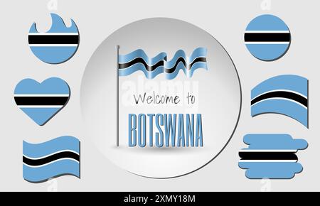 Set di bandiere del Botswana e bandiera del Botswana in vettoriale con l'iscrizione benvenuto in Botswana! Illustrazione Vettoriale