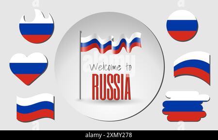 Set di bandiere russe e sventolando bandiera russa in vettore con l'iscrizione Benvenuti in Russia! Illustrazione Vettoriale