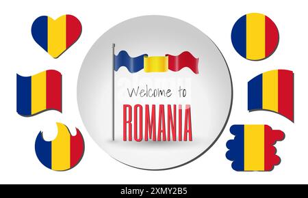 Set di bandiere rumene e sventolare bandiera rumena in vettore con l'iscrizione Benvenuti in Romania! Illustrazione Vettoriale