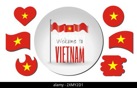 Set di bandiere del Vietnam e sventolare bandiera del Vietnam in vettore con l'iscrizione Benvenuti in Vietnam! Illustrazione Vettoriale