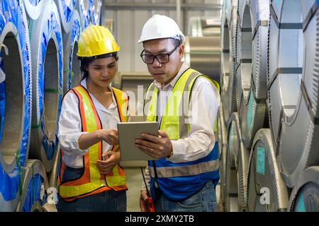 Senior ENGINEER Manager forma un nuovo dipendente all'interno della fabbrica di lamiere. Tutti indossano giubbotto di sicurezza e elmetto. La pila di rotoli in lamiera d'acciaio si trova nella W Foto Stock