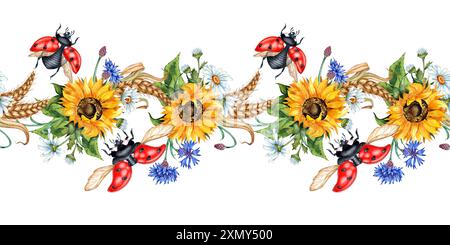 Illustrazione orizzontale di girasole, margherite, fiordaliso, orecchie di frumento e coccinelle. Festival del raccolto. Fiori selvatici isolati dallo sfondo. Foto Stock