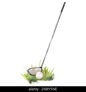 Illustrazione in acquerello di una mazza da golf e di una palla Foto Stock