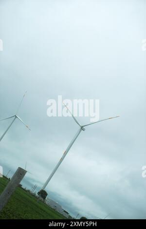 Sperimenta la pacifica coesistenza di energia rinnovabile con turbine eoliche che torreggiano su campi verdi. Questa vista aerea simboleggia l'armonia tra Foto Stock