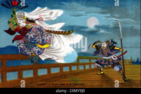 Ushiwakamaru sconfigge Benkei sul ponte Gojo Foto Stock