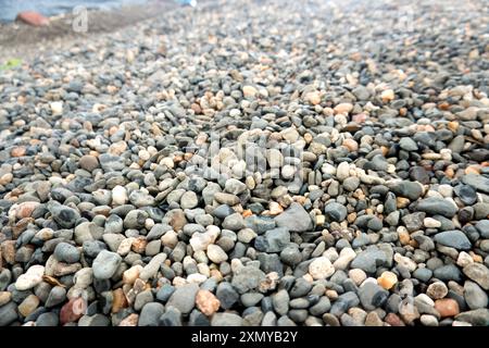 Questa immagine d'archivio presenta una vivace collezione di ciottoli multicolori, ideale per catturare la bellezza della natura. È perfetto per aggiungere texture ov Foto Stock