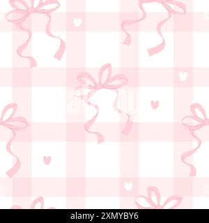 Grazioso fiocco a nastro rosa con motivo senza cuciture su sfondo a scacchi con cuori. Illustrazione vettoriale. Sfondo con motivi estetici alla moda Illustrazione Vettoriale