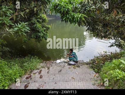 Donna bengalese che pulisce piatti di cucina in uno stagno, Divisione di Dhaka, Tongibari, Bangladesh Foto Stock