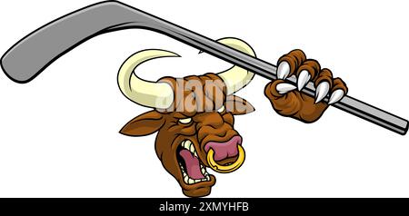 Mascotte di Hockey su ghiaccio Bull Minotaur Longhorn Cow Illustrazione Vettoriale