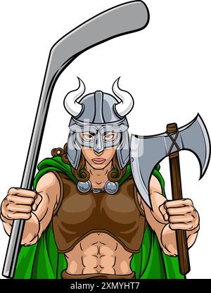 Viking Warrior Woman Ice Hockey Sports Team Mascot Illustrazione Vettoriale