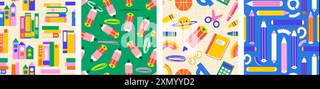 Torna a scuola! Raccolta di motivi senza cuciture. Design semplice, luminoso e infantile con materiale scolastico. Ideale per pubblicità, confezionamento e altro ancora Illustrazione Vettoriale