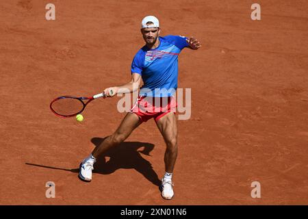 Parigi, Francia. 30 luglio 2024. Olympia, Paris 2024, Tennis, Singles, Men, secondo round, Zverev (Germania) - Machac (Repubblica Ceca), Tomas Machac in azione. Crediti: Sven Hoppe/dpa/Alamy Live News Foto Stock