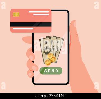 Concetto di trasferimento di denaro online con il telefono in mano. Invio online di denaro da cellulare a carta di plastica. Pagamento mobile, transazioni online, cashback. VEC Illustrazione Vettoriale