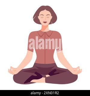 Giovane donna in abiti da ufficio seduta in posa di loto. Meditare un impiegato d'ufficio. Equilibrio tra vita e lavoro. Illustrazione vettoriale Illustrazione Vettoriale