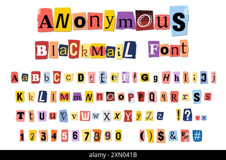 Tagliate le lettere di giornale per un messaggio criminale anonimo. Raccolta di lettere e numeri di rottami di riscatto o di ricatto. Illustrazione Vettoriale