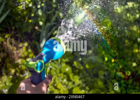 Il tubo da giardino nella mia mano spruzza acqua. Luce solare iridescente sull'erba verde. Primo piano. Copia spazio. Foto Stock