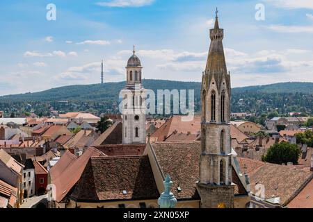 Una splendida vista dalla torre dei vigili del fuoco di Sopron, con le torri della Chiesa della Beata Maria (Chiesa di Capra) e la Chiesa Luterana in primo piano Foto Stock