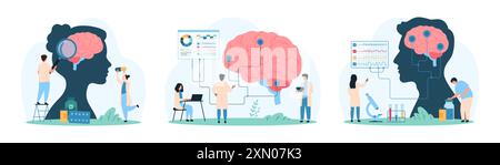 Cervello umano e sistema nervoso, diagnosi neurologica e set di trattamento. Piccole persone fanno ricerche sul cervello umano con fili di elettroencefalografia, esaminano l'illustrazione vettoriale dei cartoni animati dei punti dolenti Illustrazione Vettoriale